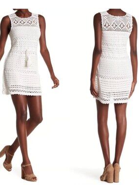 JOIE Nawra Crochet Creme Cotton Shift Waist tie Sleeveless Dress S Small